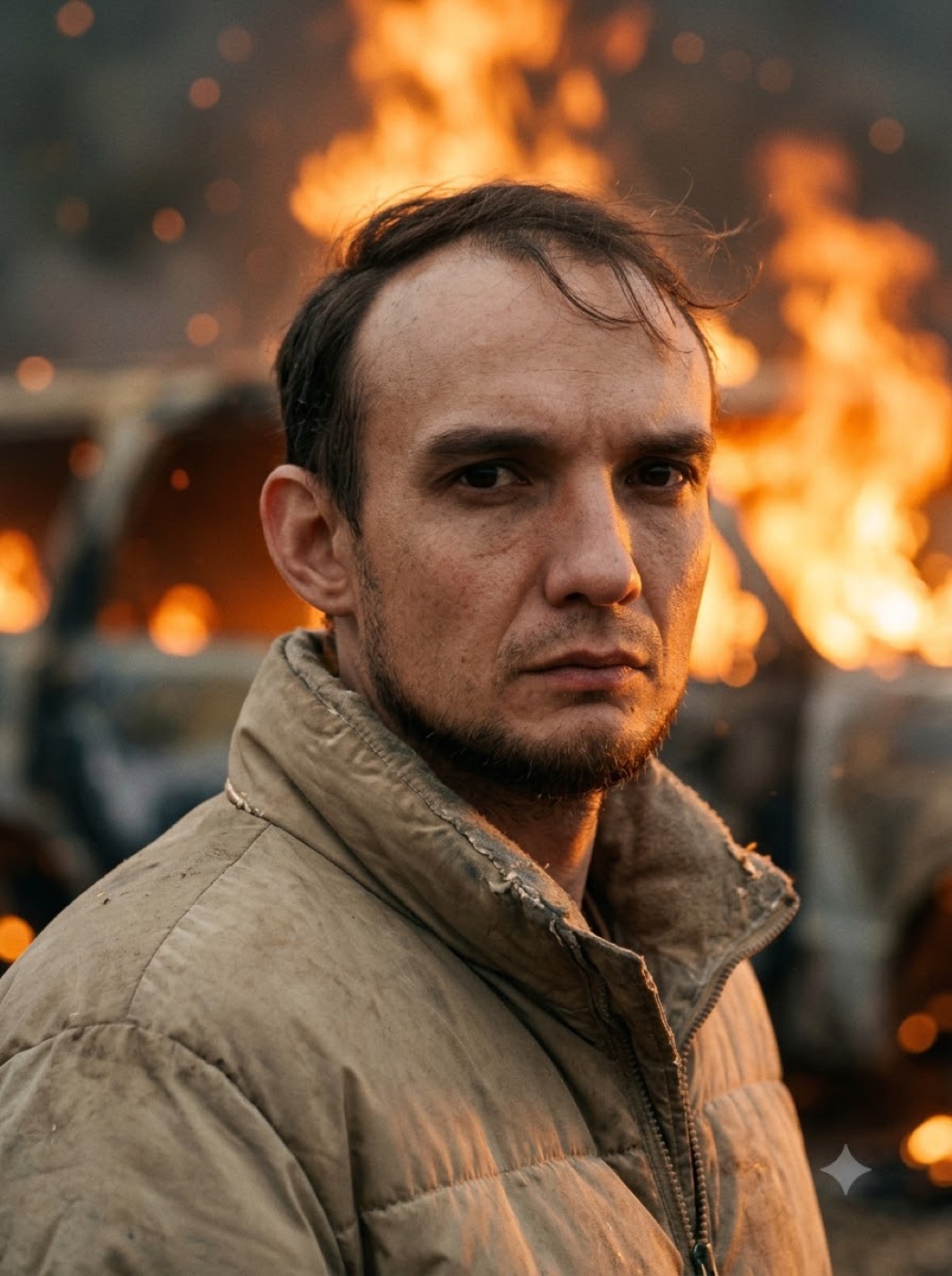 Длиннофокусный портрет: огонь превращён в тёплое боке.